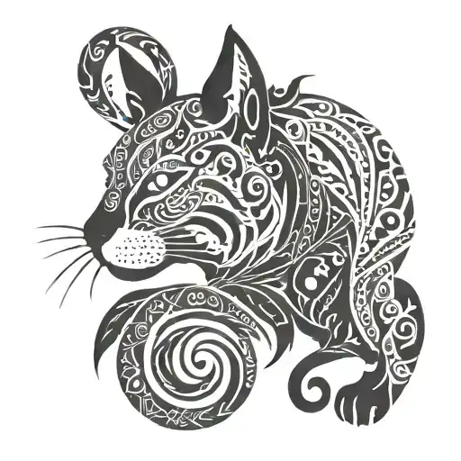 A Tribal-inspired Tattoo Featuring A Cat And A Dog Intertwined With Elements Of Nature