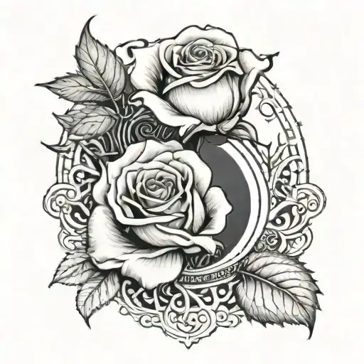 Rose And A Waning Crescent Moon In The Center Of The Stem Of The Rose