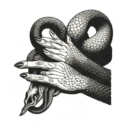 A Snake Wraps Around A Woman's Hand With Long Claws