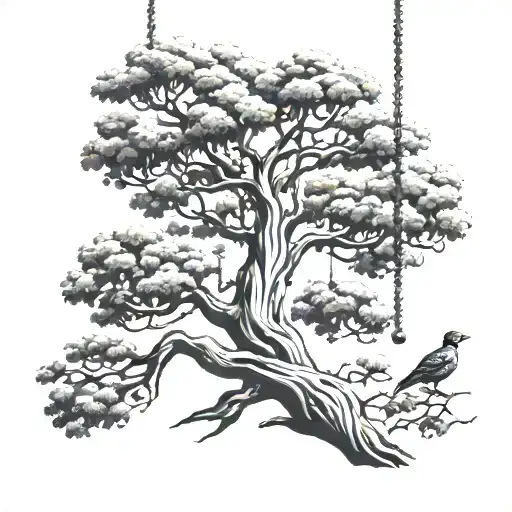 Canary Tree With Thick Trunk With 3 Swings In It Each Higher Than The Ither