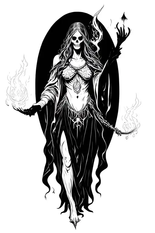 Death Portrayed As A Powerful Sorceress Casting Spells With Blackwork Elements