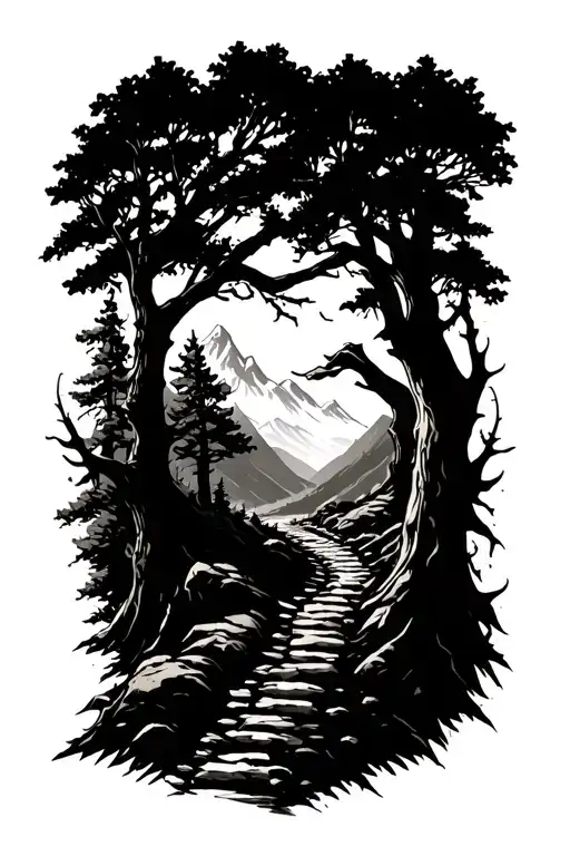 Extremely Realistic Nature Landscape Mountain Path With Beatiful Trees And Thorns Vines