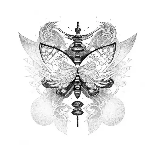A Blackwork Butterfly With Japanese Art Motifs In Its Wings And Sword