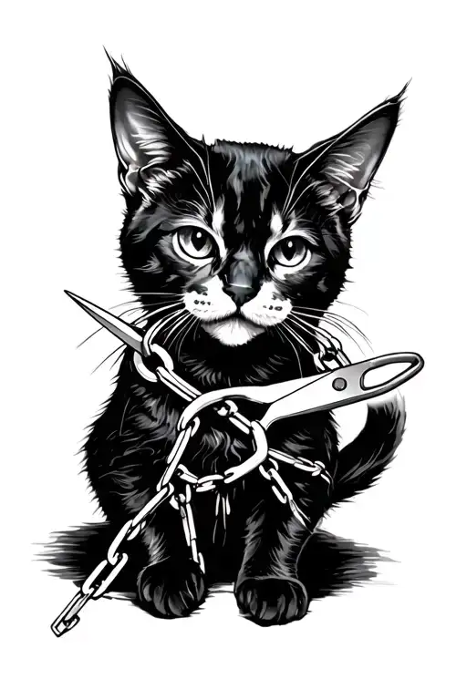 A Dark And Gothic Cat That Is Trying To Break Away From Chains With Scissors