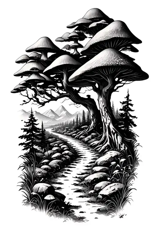 Extremely Realistic Nature Landscape Mountain Path With Beatiful Trees And Mushrooms