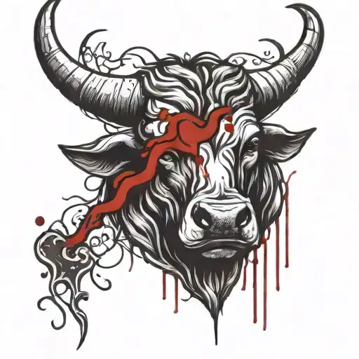 Savage Bull Head With Blood On Horns Ramming Into A Heart