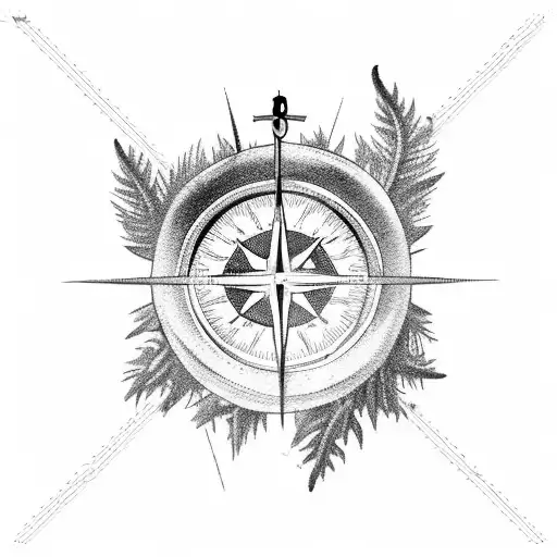 A Broken Compass Surrounded By A Wreath Of Dead Trees And A Crescent Moon