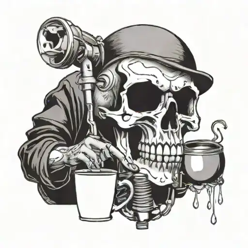 A Barista Pouring Coffee Into A Skull-shaped Mug With Musical Notes Steam