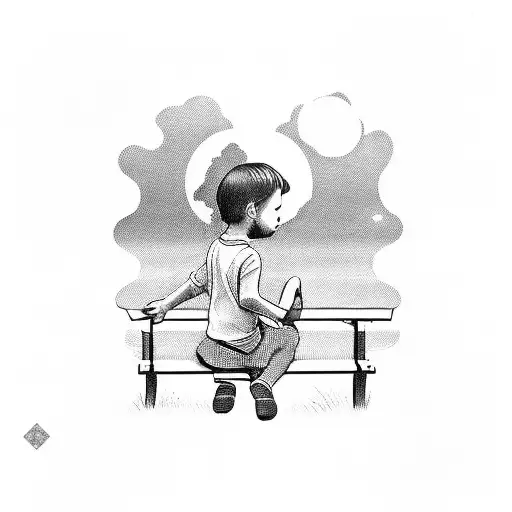 Sunset With Kid Sitting On A Bench