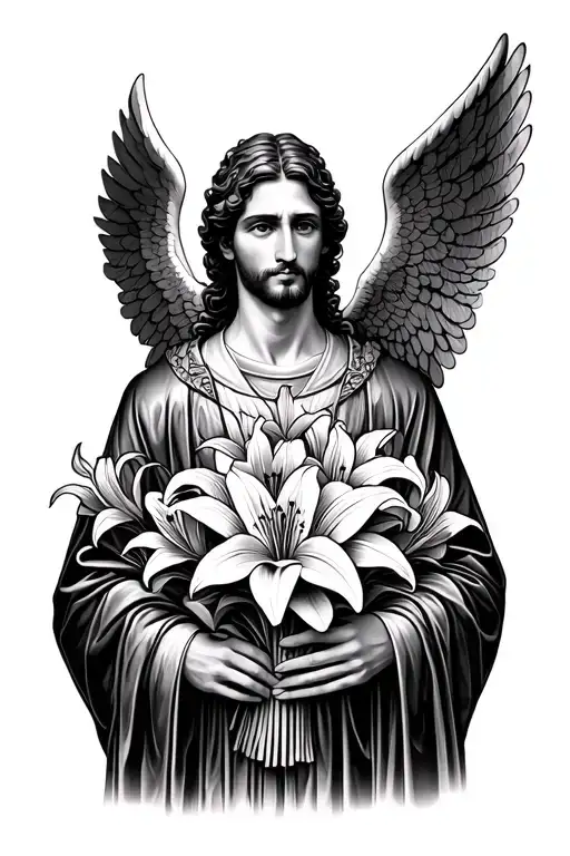 Angel Gabriel Male Wearing A Robe With 8 Angel Wings Holding A Bouquet Of Lily Flowers