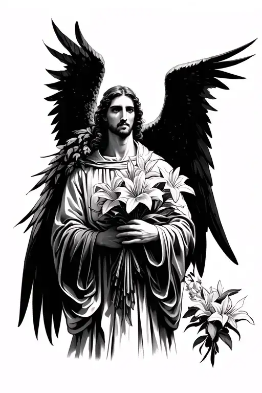 Angel Gabriel Male Wearing A Robe With 8 Angel Wings Holding A Bouquet Of Lily Flowers