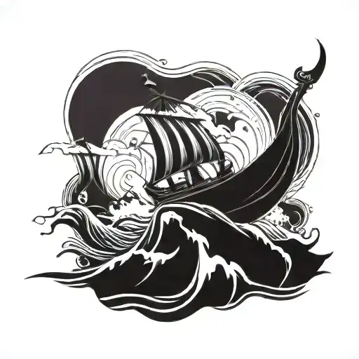 A Minimalist Design Of A Viking Ship Sailing On The Ocean Waves