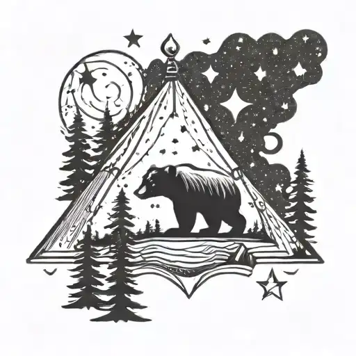 An Intricate Tattoo Of A Tent In The Woods With A Bear Silhouette And A Starry Night Sky