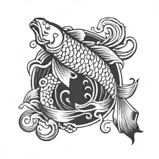 Japanese Koi Fish Swimming In A Traditional Japanese Wave Pattern