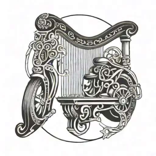 A Tattoo Of A Traditional Irish Harp Intertwined With Motorbike Parts