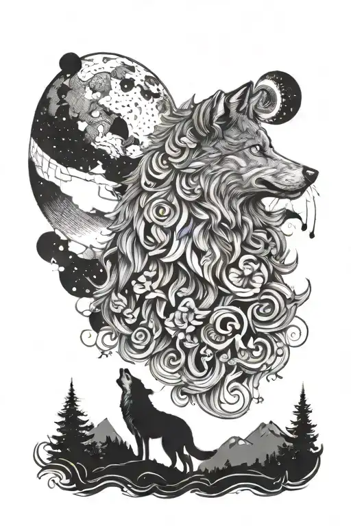 Wolf Howling On Moon Surrounded By Kazkah Ornaments Background