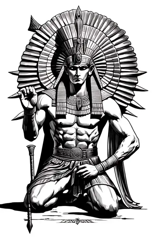 Egyptian God Fused With Spartan Warrior Kneeling