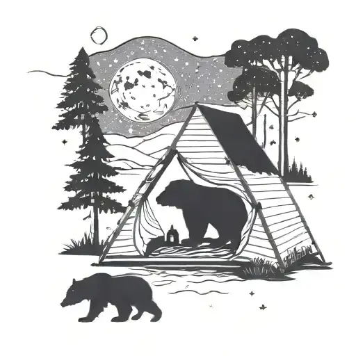 An Intricate Tattoo Of A Tent In The Woods With A Bear Silhouette And A Starry Night Sky