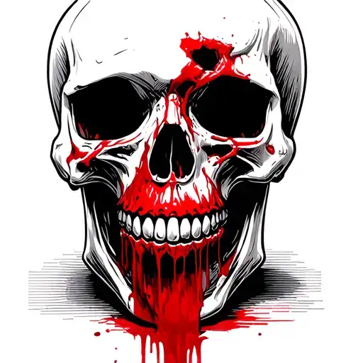 Skull With Broken Teeth Facing The Front View Though Camera Lens With Blood Pooring Out The Mouth