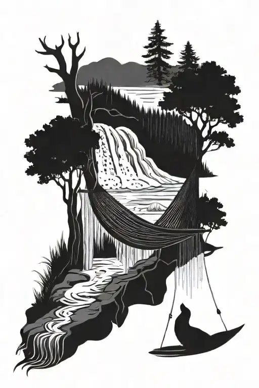 A Hammock In The Woods Beside A Raging River With A Majestic Waterfall