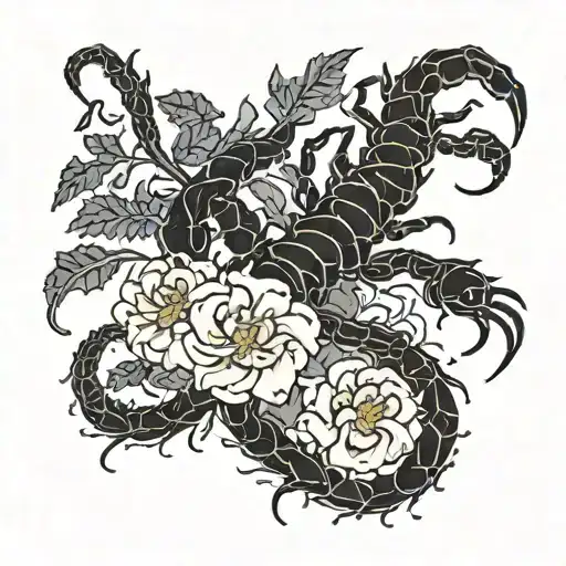 A Delicate Vine Of Marigolds Intertwined With Scorpions Wrapping Around The Arm