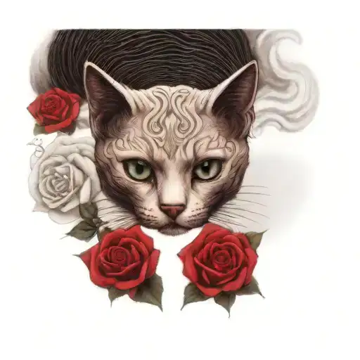 A Cat With Green Eyes And Red Roses