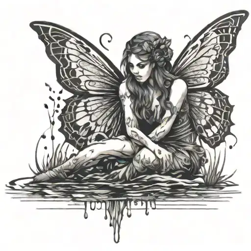 An Intricate Blackwork Tattoo Design Featuring A Fairy Sitting By A A Puddle Of Water