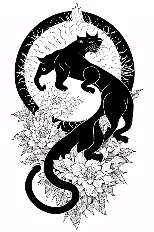 Mystical Panther Rising To Moon And Sun