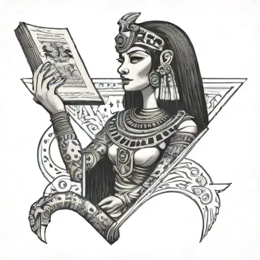 Cleopatra Holding A Book With Hieroglyphics And Symbols Representing Knowledge And Wisdom