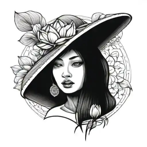 Girl Wearing Conical Hat And Lotus Flower
