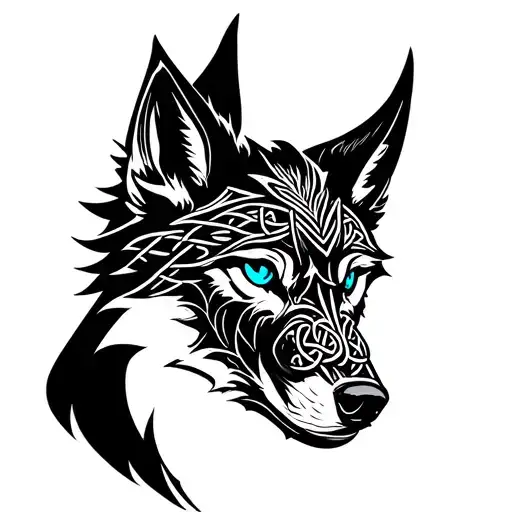 Wolf With Blue Eyes On Armor Tattoo Design Featuring Celtic Trinity Knot Tatto