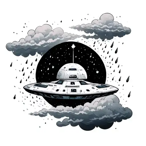 A Circle Spaceship Through Clouds Surrounding With Rain
