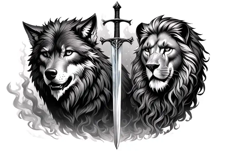 Wolf And Lion Eiter Side And Sword In The Middle Wiitth Smoky Backgrouudn And Forest