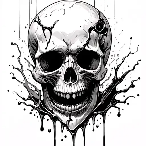 Skull With Broken Teeth Facing The Front View Though Camera Lens With Liquid Pouring From The Mouth