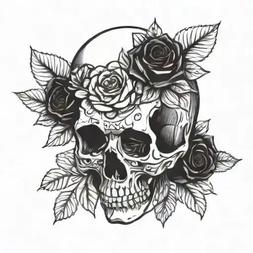Front Facing Skull With Roses And Flowers