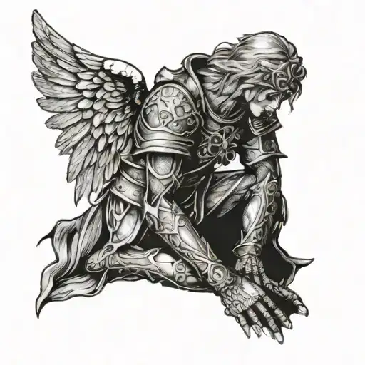 Armored Angel Kneeling At A Cross