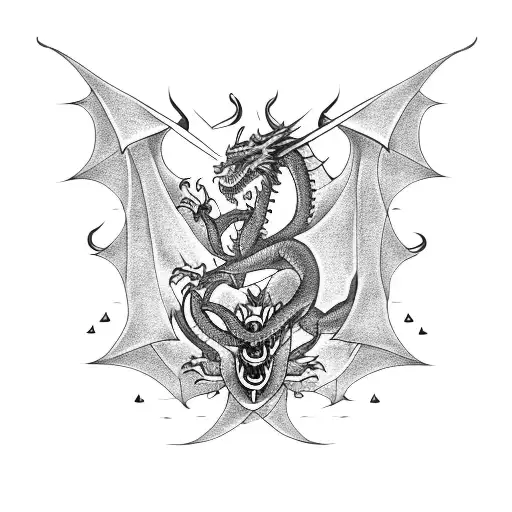 Three-headed Dragon Breathing Fire With Roses And Entwined Swords