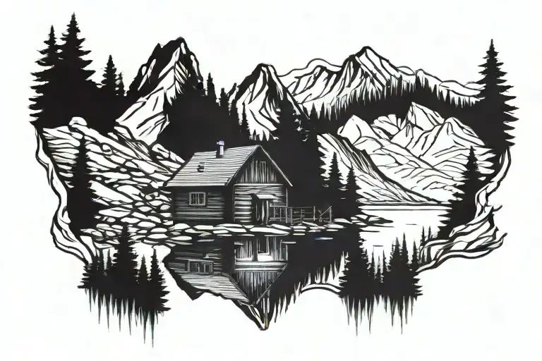 Cabin Beside A River In A Forest Below A Mountain