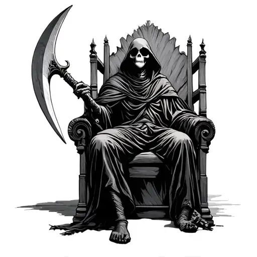 The Grim Reaper Sitting On A Throne Holding A Giant Scythe