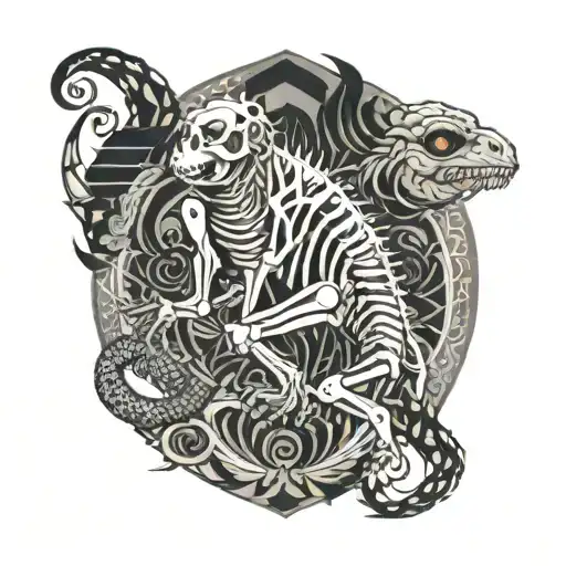 A Majestic Dinosaur Monkey Skeleton Intertwined With Intricate Anime-inspired Patterns