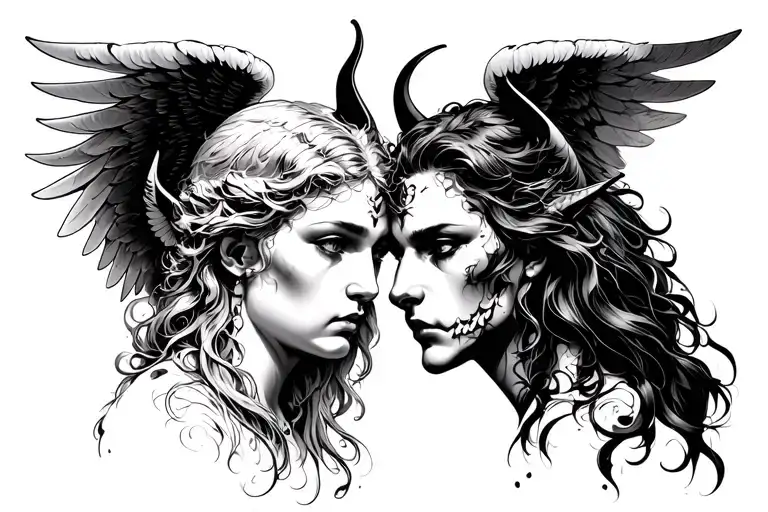Image Of The Faces Of An Angel And A Demon With Wings