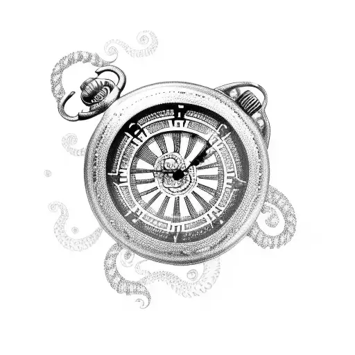 An Intricate Pocket Watch Surrounded By Swirling Waves And Ocean Creatures