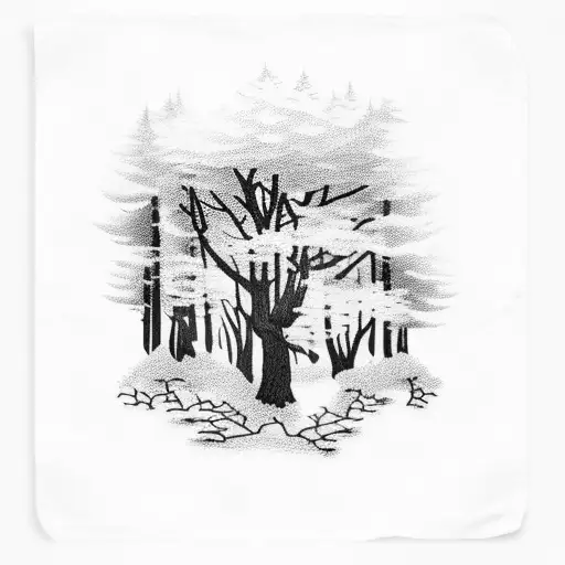A Blackwork Tattoo Of A Crime Scene Silhouette In A Forest Setting