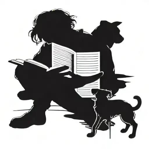 A Silhouette Of A Person Reading A Book With Their Dog By Their Side