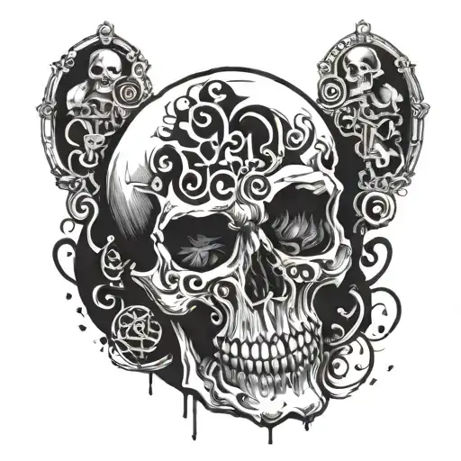 A Skull Surrounded By Medieval Elements And Latin Phrases In A Dark And Abstract Style