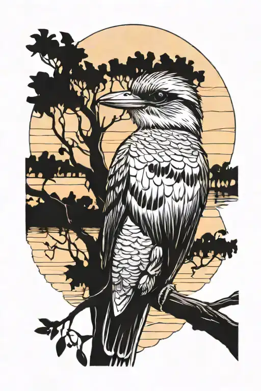 Kookaburra On A Gum Trees Colors Sunset Over Lake