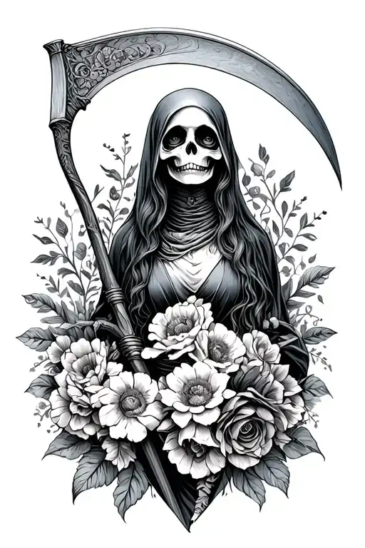 Feminine Grim Reaper With Scythe And Flowers Wrapped