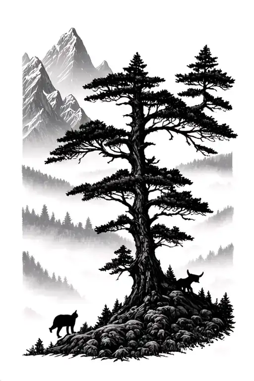 Mountains Panorama Forest Landscape With Hidden Animals Within The Branches