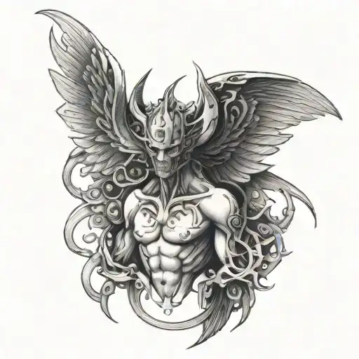 A Mechanical Winged Creature With Half Demon And Half Angel Features