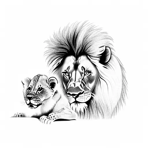 Male Lion Head With Lion Cub In Black And White